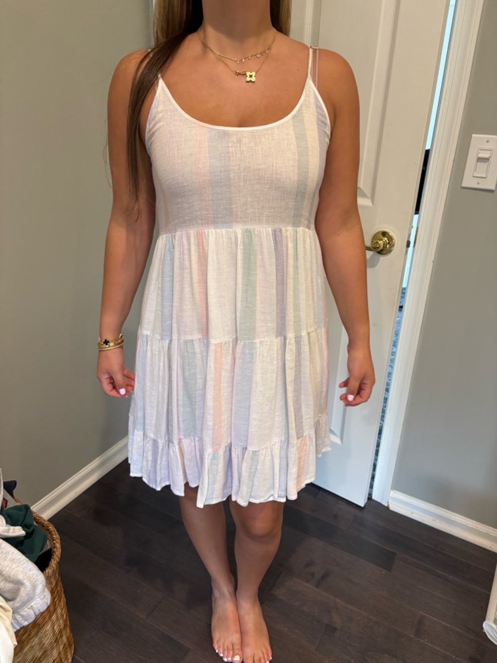 Rails White Tiered Mini Dress with Pastel Stripes